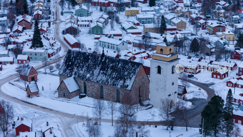 瑞典加默尔斯塔德教堂村鸟瞰航拍近景