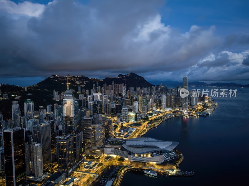 香港维多利亚港CBD中环夜景高空航拍