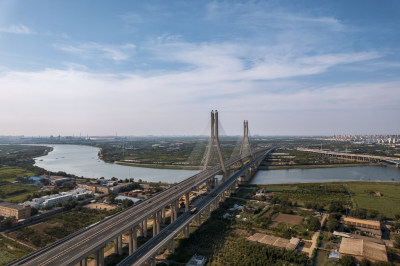 天津海河滨海大桥道路交通城市风光航拍