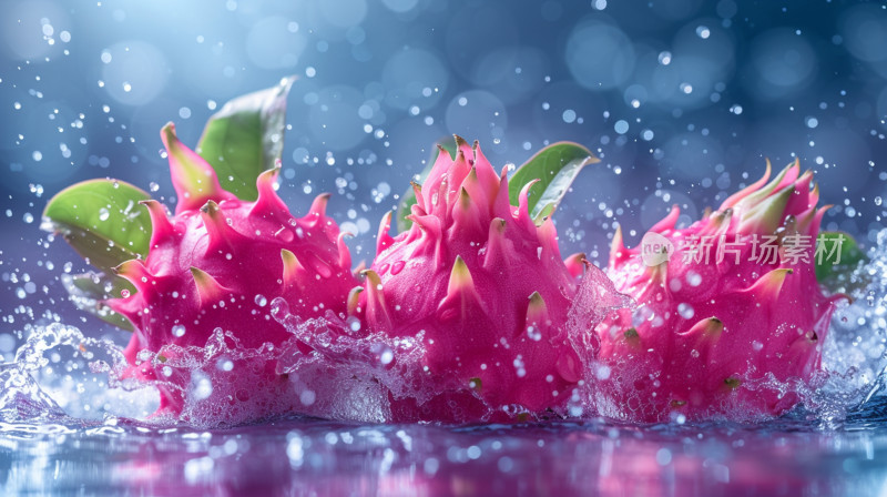 三颗火龙果入水溅起水花