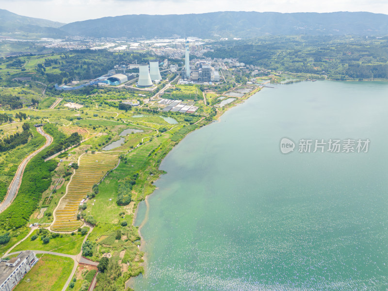 航拍阳宗海湖畔电厂全景