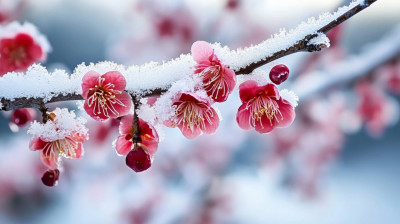 立冬雪花鲜艳腊梅特写自然背景