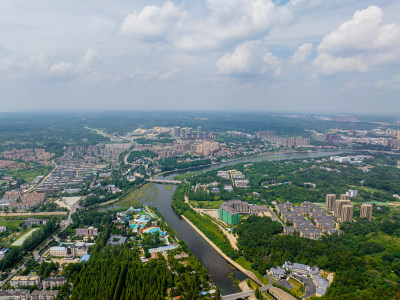 航拍夏季河南信阳城市与大别山自然风光