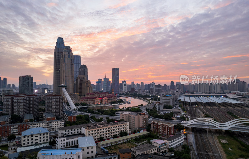 天津站海河津湾广场城市建筑日落晚霞航拍