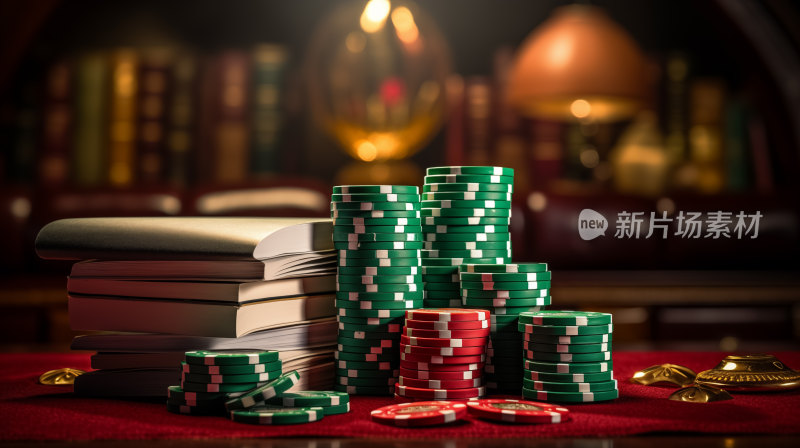 赌城辉煌夜色彩鲜明的筹码堆叠在绿色桌面上