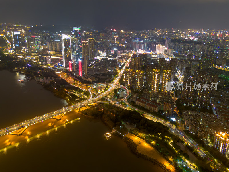 航拍福州城市夜景下与繁华立交桥及周边建筑