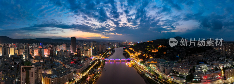 兰州晚霞夜景航拍全景图