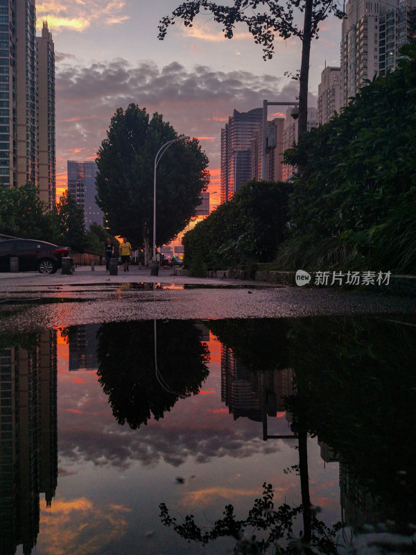 城市街道上积水倒映晚霞高楼的景象