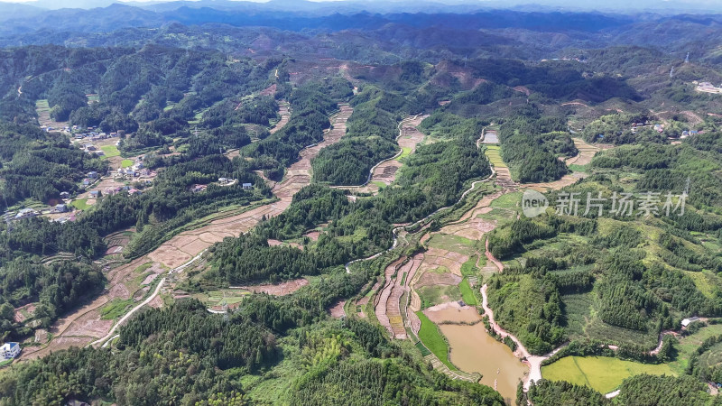 南方山川丘陵梯田农田航拍图