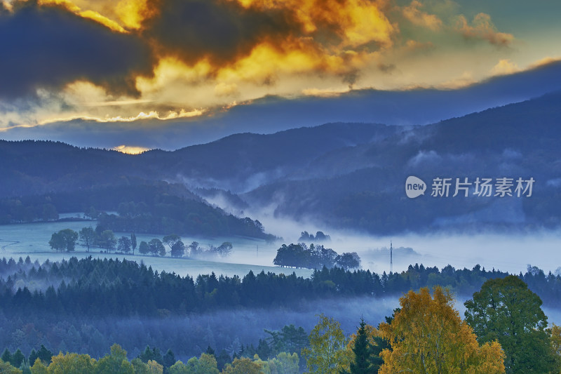 山林晨雾中的壮丽日出景象