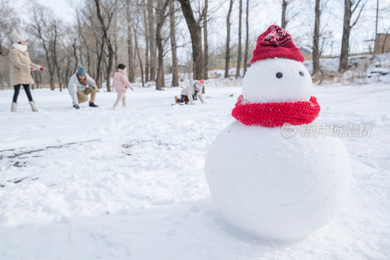 快乐的一家人在雪地里玩耍