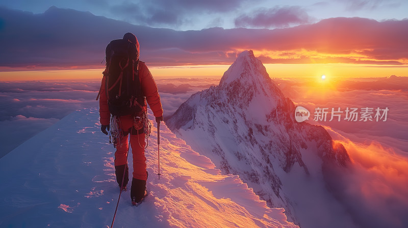 登山队员在雪山看日出