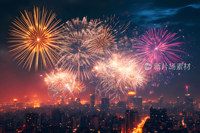 新年城市夜景天空烟花