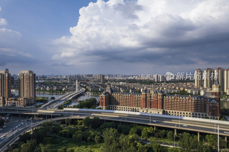 天津海河桥梁风景城市建筑风光航拍