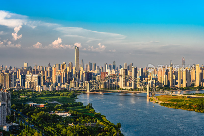 夏季白天武汉汉江湾大桥城市天际线风光