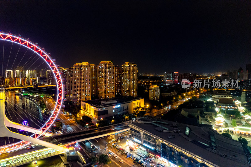 天津之眼周边夜景交通航拍图