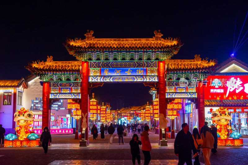 曲阜蓼河古街古建街区夜景航拍