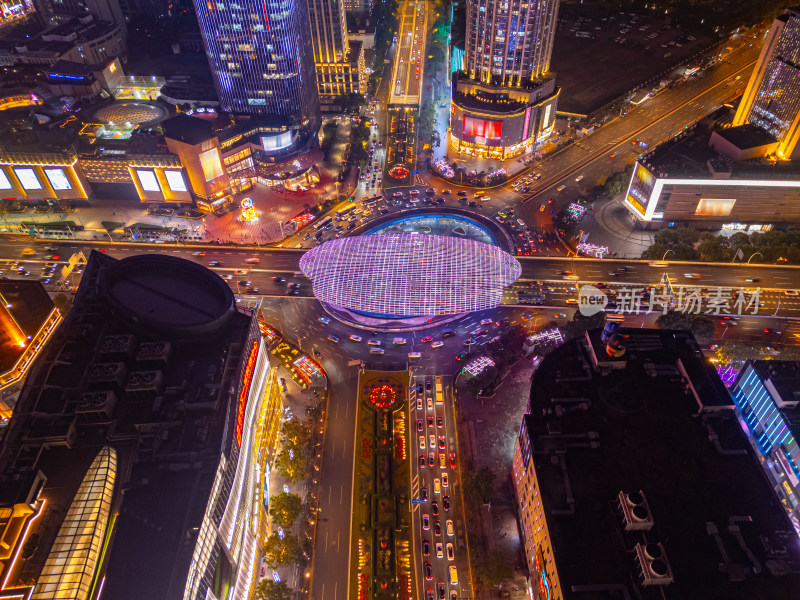 航拍上海杨浦五角场金融区夜景