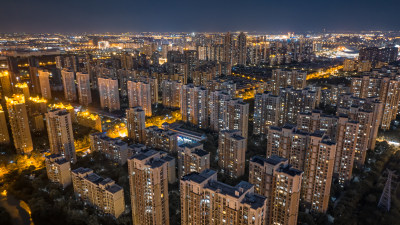 苏州市城市居民楼夜晚万家灯火航拍风景