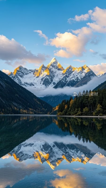 雪山湖泊的静谧倒影