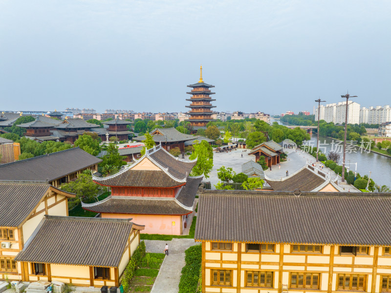 航拍上海宝山寺佛教寺院自然风光