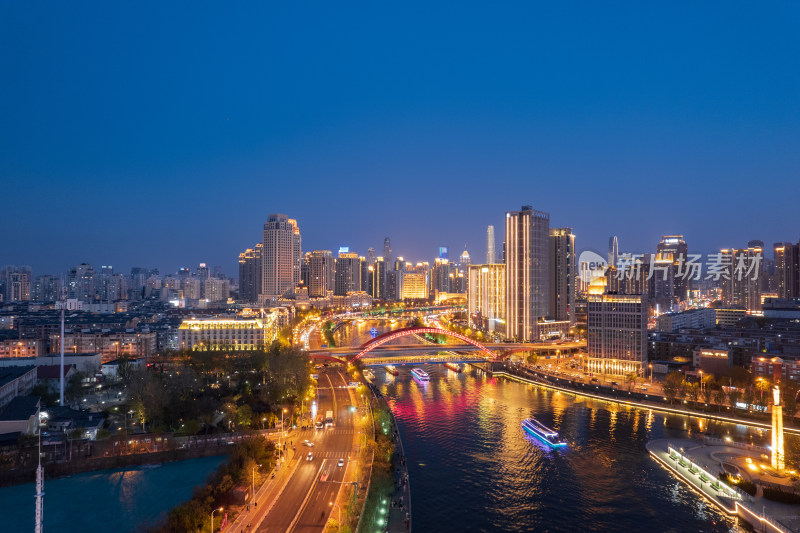 天津海河风景金钢桥城市夜景航拍