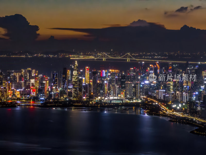 广东大湾区深圳前海湾涂滩日落城市夜景航拍