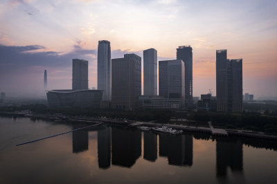 天津滨海海河响螺湾于家堡日出城市风光航拍