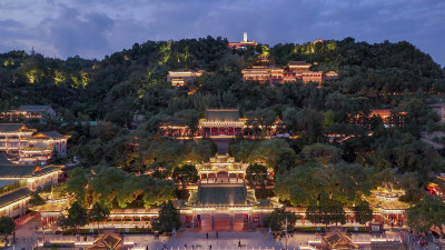 甘肃兰州白塔山公园兰州白塔寺夜景航拍