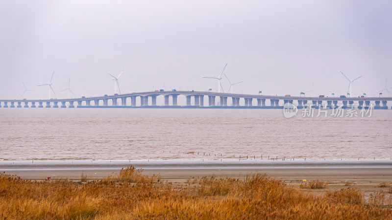 海边大桥远景与风力发电机同框