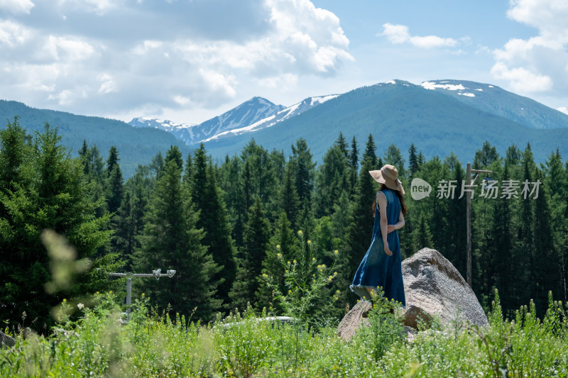 年轻女性在新疆喀纳斯景区眺望远方的背影