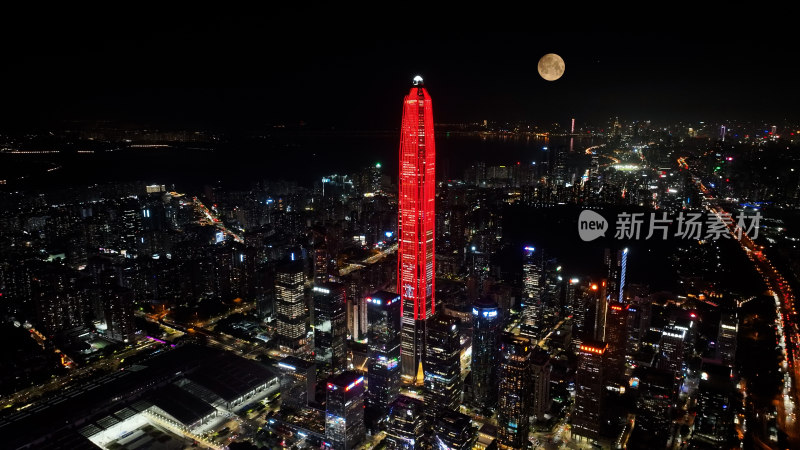 深圳中秋节月亮照片航拍城市月亮升起来夜景