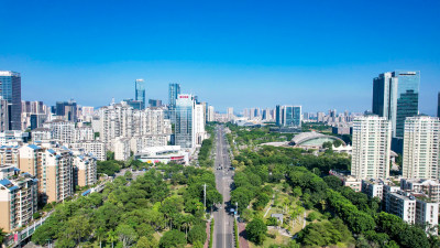 广东江门城市地标万达广场双子塔航拍