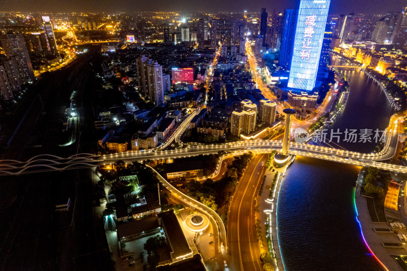 天津城市夜景交通航拍图