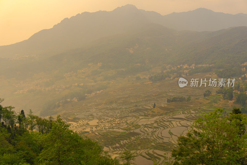 山间日出梯田自然风光