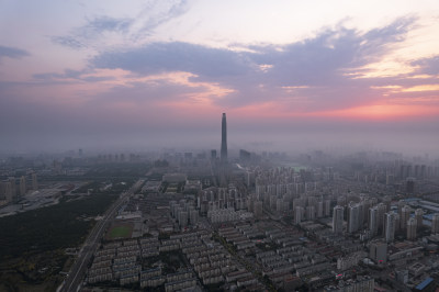 天津滨海新区周大福金融中心城市日出风光