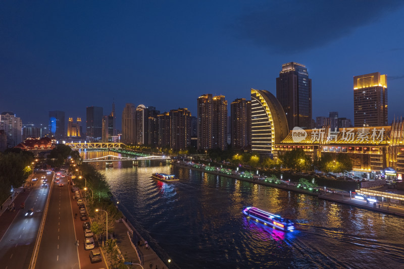 天津海河古文化街码头城市风光夜景航拍