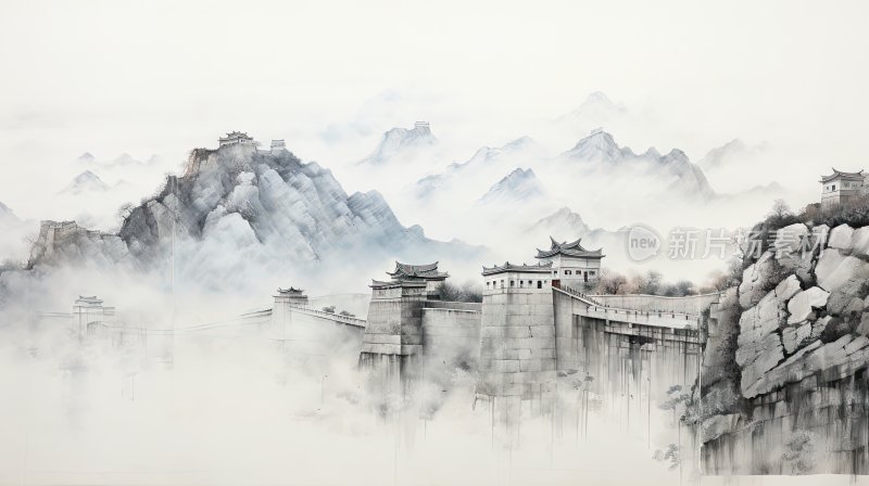 中国风水墨山水城墙