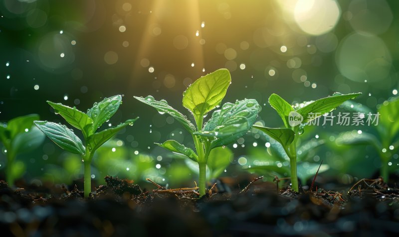 小雨嫩芽雨露滋润幼苗春天清新水滴背景