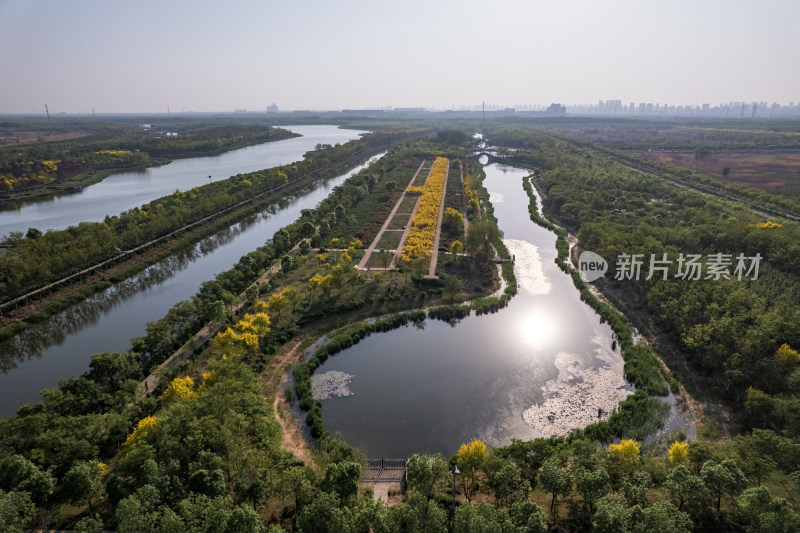 天津海河教育园区湿地公园自然风光航拍