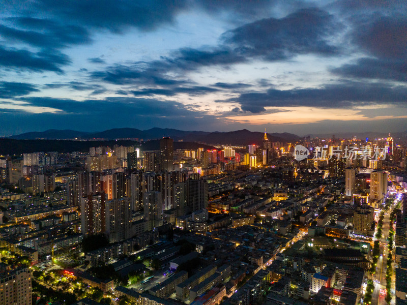 西宁城市夜幕降临夜景航拍图