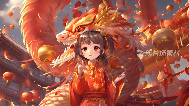 中国龙，少女，春节国风，插画