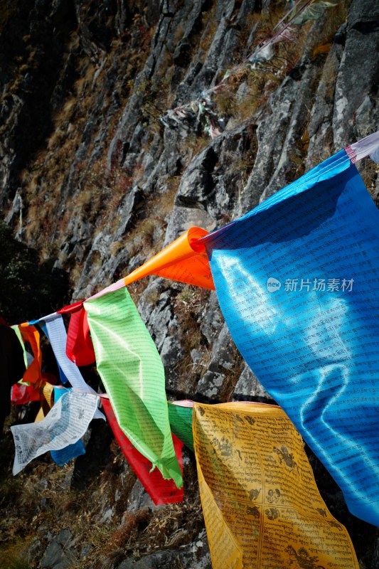 云南大理鸡足山景区山林中的彩色经幡