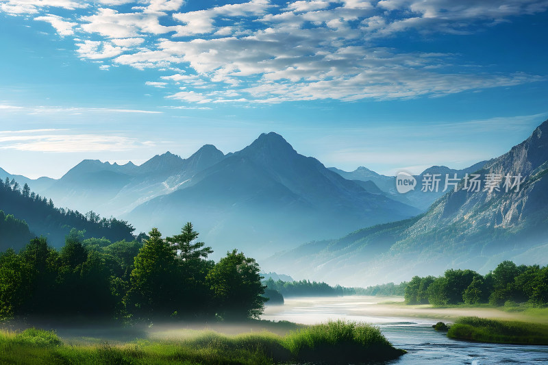 河流树木山峰天空风景