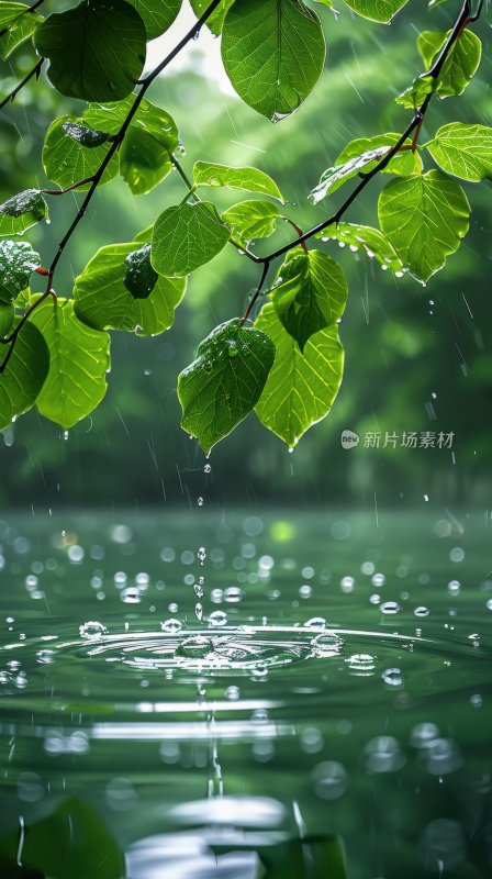 雨后植物绿叶水面树叶水珠生态背景