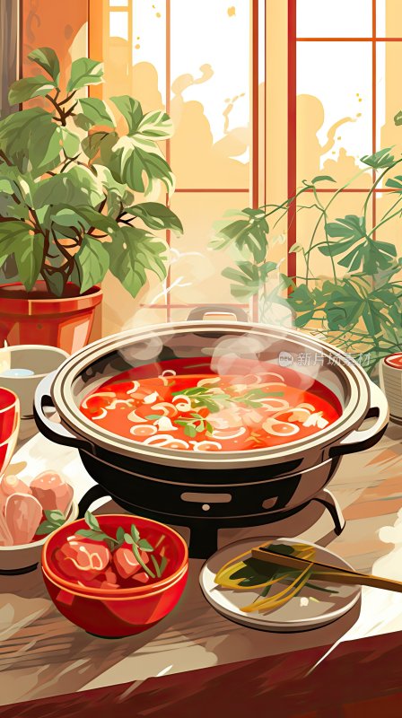 数字插画，中国传统美食火锅