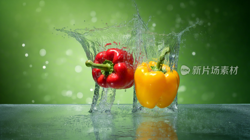 绿色背景彩椒入水溅起水花画面
