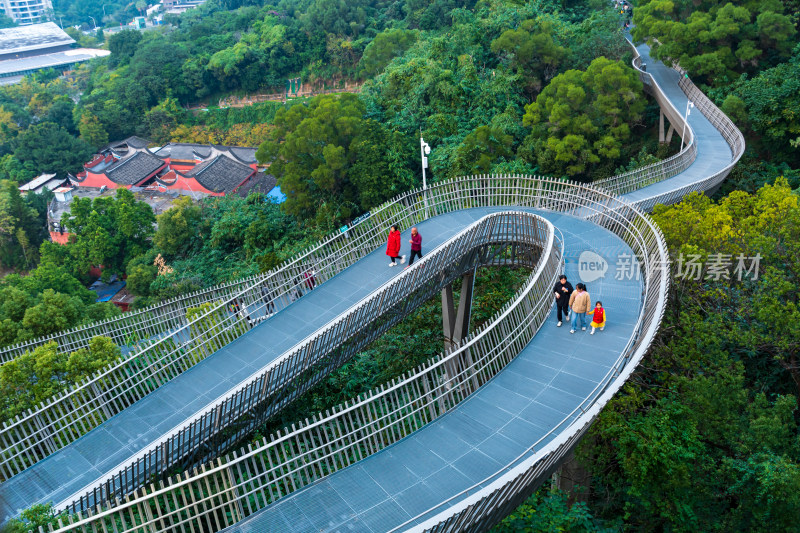 游客漫步山林间的观景栈道