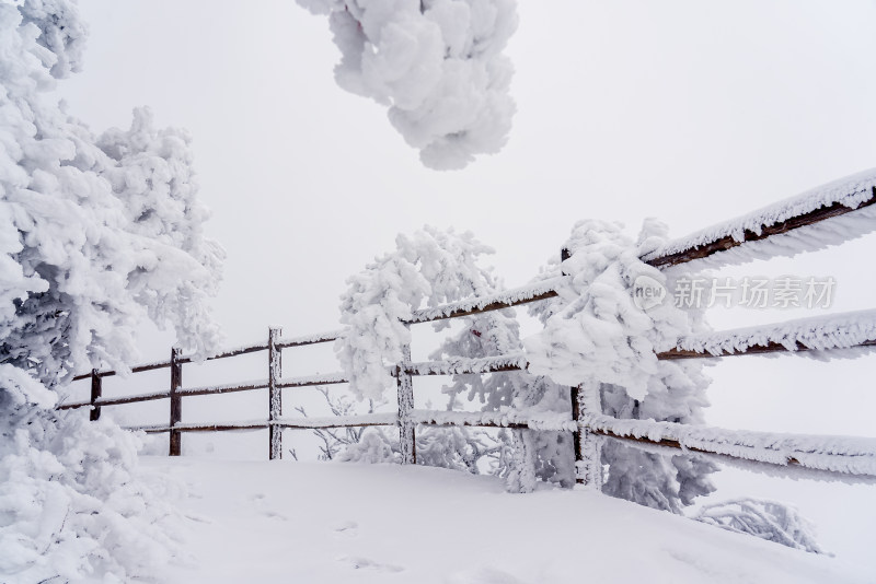 冬天大雪景区步道栏杆