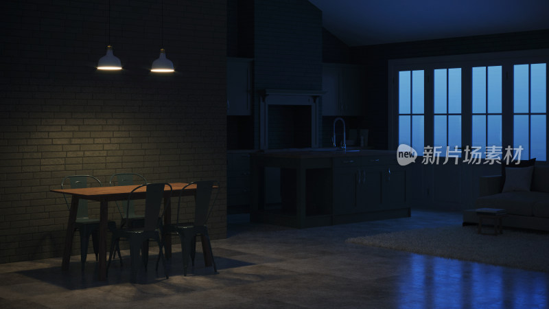 夜间室内餐厅厨房家居场景